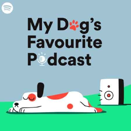 Illustration du podcast "my dog's favourite podcast" avec l'illustration d'un chien allongé sur le sol qui a une oreille tendue en l'air ainsi que l'illustration d'un haut-parleur produisant du bruit.