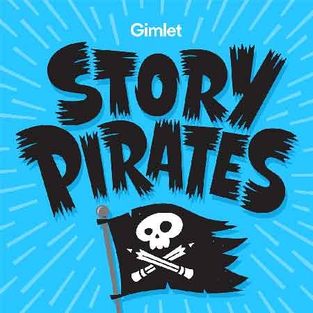 Illustration du podcast "Story pirates" avec le titre écrit avec des lettres dont les extrémités sont comme du bois cassé et en-dessous duquel il y a un drapeau de pirate sur lequel figure une tête de mort avec des os remplacés par des crayons