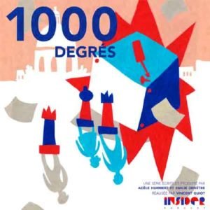 Illustration du podcast "1000 degres" avec la représentation d'une forme géométrique qui explose à côté de personnages, dans une ville.