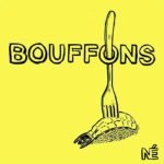 Illustration du podcast "bouffons" avec la représentation d'un sushi à la crevette, piqué d'une fourchette, sur fond jaune.