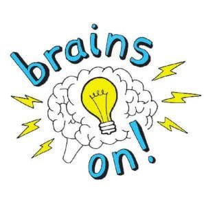 Illustration du podcast "brains on" avec la représentation d'un cerveau avec une ampoule à l'intérieur et des éclairs à l'extérieur.
