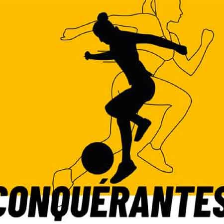 Illustration du podcast "Conquérantes" avec les représentations de deux silhouettes féminines athlétiques sur fond jaune, l'une joue au ballon et l'autre court.