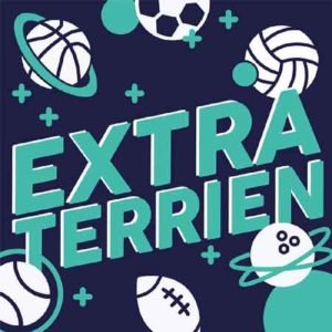 Illustration du podcast "extraterrien" avec le titre du podcast en vert, sur fond bleu avec des dessins de planètes en ballons de basket-ball, de football, de volley-ball, de bowling, de rugby et de tennis.