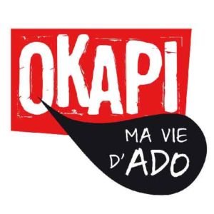 Illustration du podcast "ma vie d'ado" avec le titre du podcast dans une bulle noire, qui sort d'un encadré rouge avec le nom du magazine "Okapi".